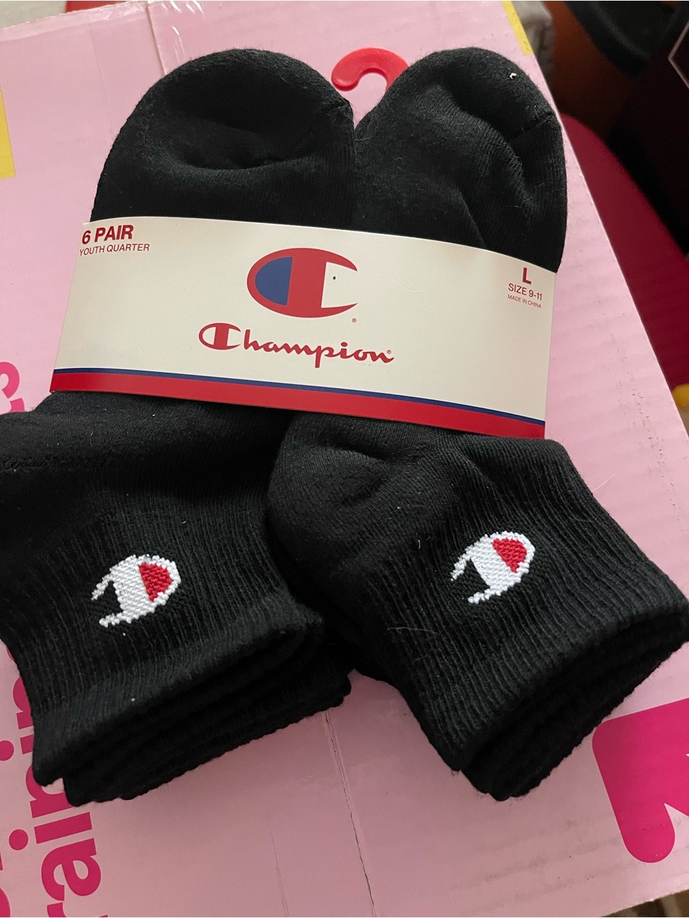Champion Black Kids Crew Socks with Logo - 6 Pack